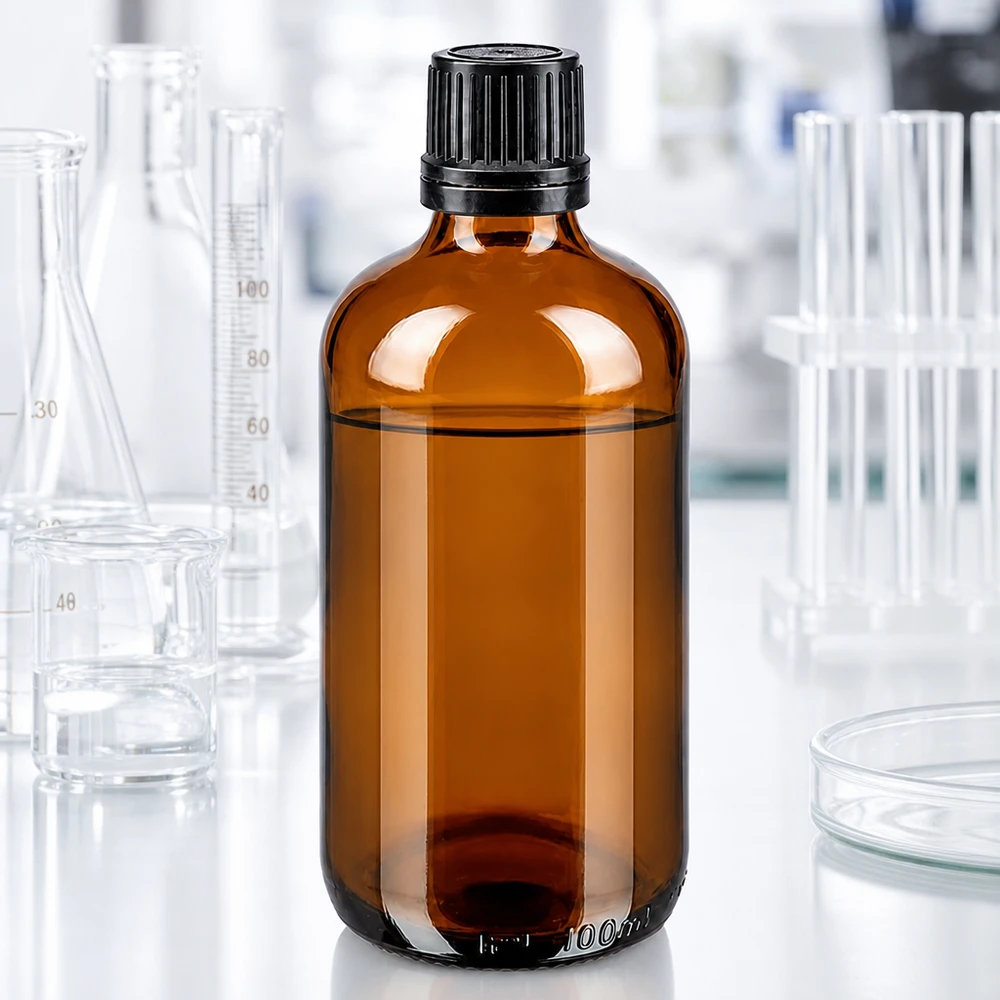 Flacon de pharmacie de 100 ml, couleur ambre, en verre borosilicaté, avec son bouchon noir d'origine