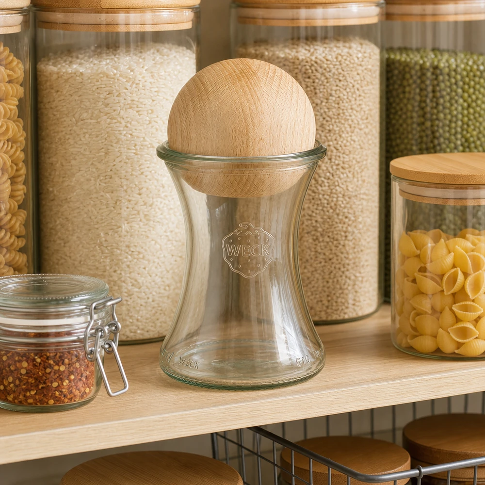 370ml bocal à gourmandises WECK RR80 avec boule en bois en hêtre WECK Verre à délicatesse 370ml RR80 avec boule de hêtre dans étagère de réserve entre les bocaux remplis de riz pour pâtes