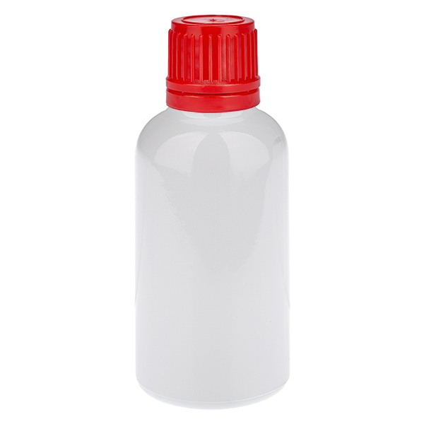 Flacon de 30 ml, bouchon à vis rouge 11 mm, bouchon d'inviolabilité WhiteLine UT18/30 Flacon de 30 ml, bouchon à vis rouge 11 mm, bouchon d'inviolabilité WhiteLine UT18/30