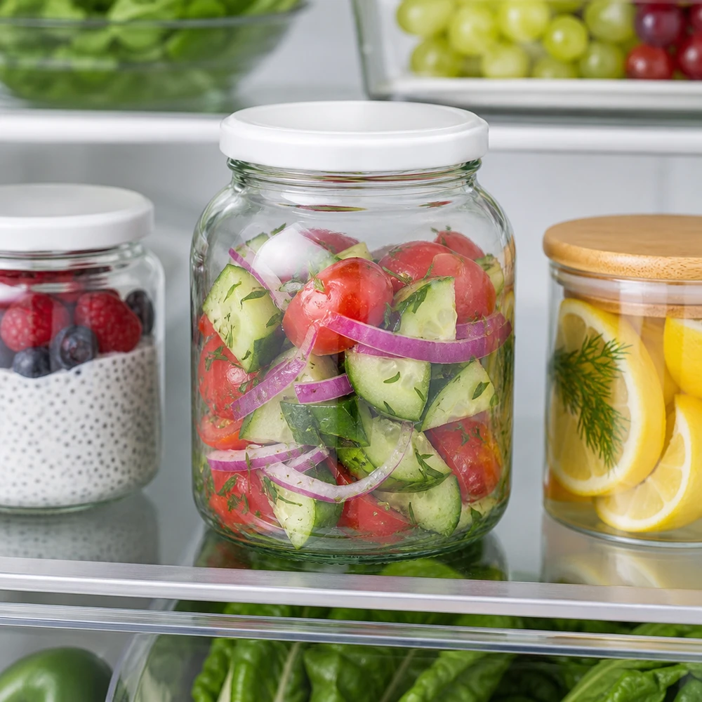 370ml Verre ovale avec couvercle BasicSeal blanc UNiTWIST 370ml Bocal ovale UNiTWIST avec couvercle blanc BasicSeal dans le réfrigérateur rempli de salade de légumes frais Conservation des aliments