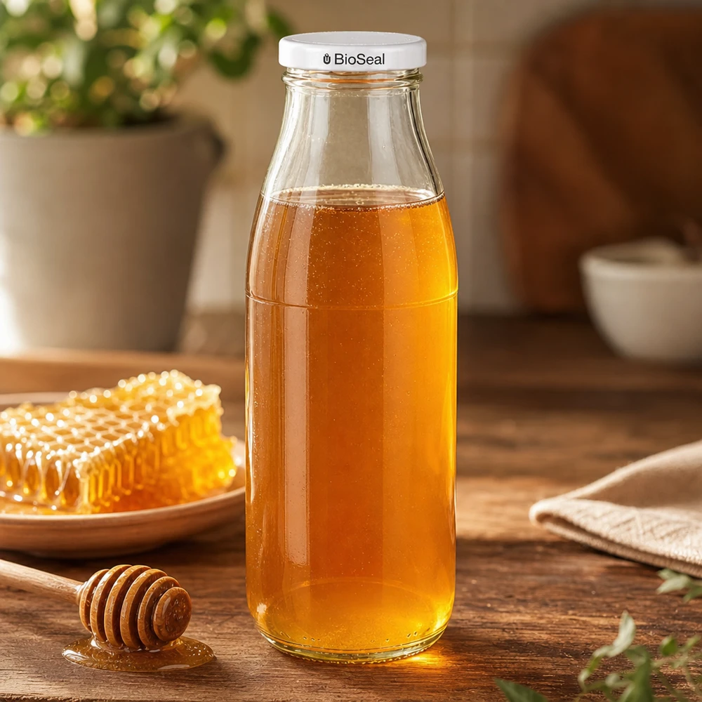 500ml Bouteille avec couvercle BioSeal blanc UNiTWIST Bouteille en verre de 500 ml remplie de miel, bouchon blanc BioSeal, à côté d'un nid d'abeille et d'une cuillère à miel sur une table en bois
