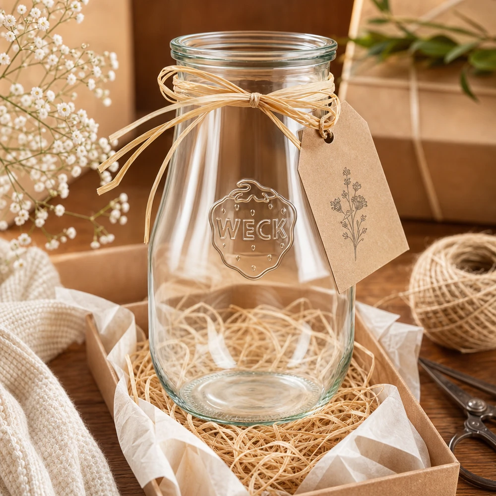 WECK Pot tulipe 2700ml RR100 comme cadeau emballé dans une boîte en bois avec ruban et pendentif décoration rustique