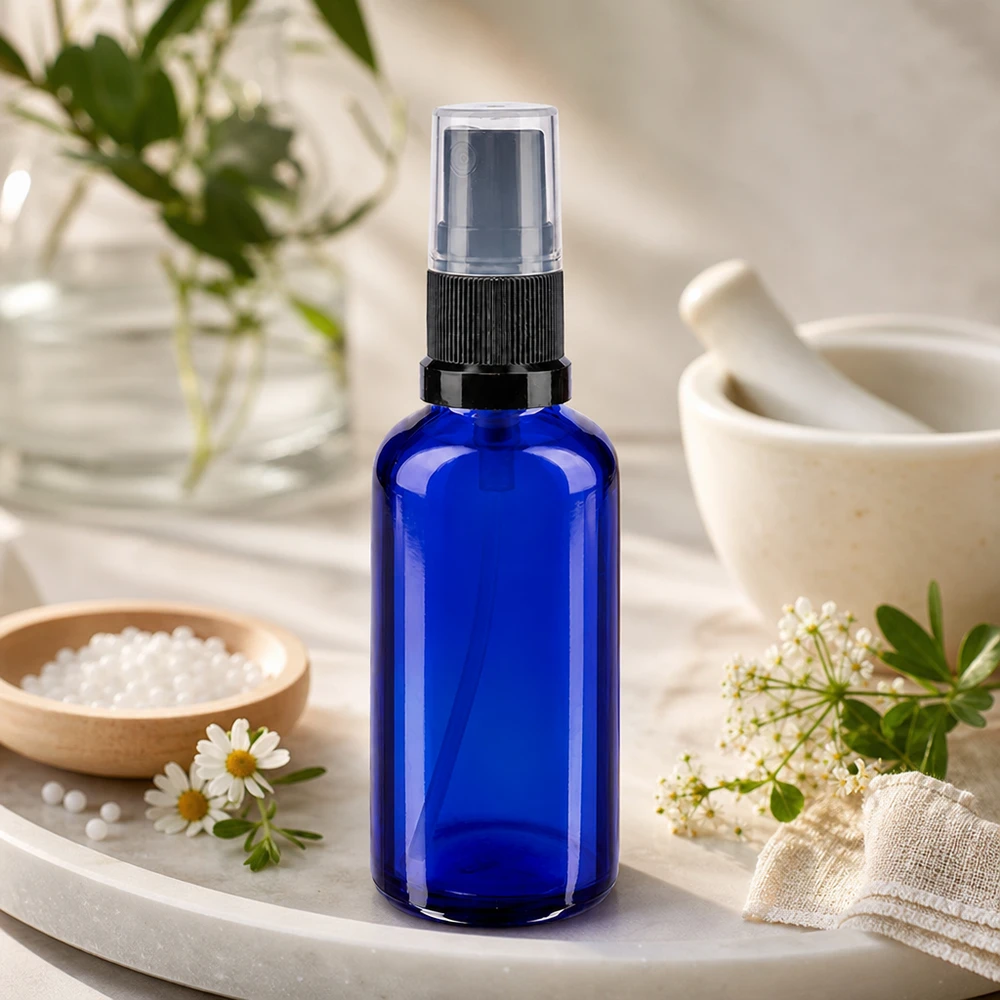 Flacon de pharmacie bleu cobalt de 50 ml avec vaporisateur, contenant des granules homéopathiques et des plantes médicinales