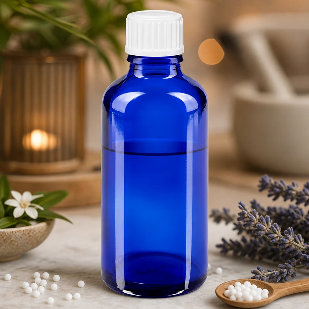 Flacon en verre bleu de 50 ml, taille standard, avec un goulot de 3 mm pour un dosage précis des remèdes homéopathiques