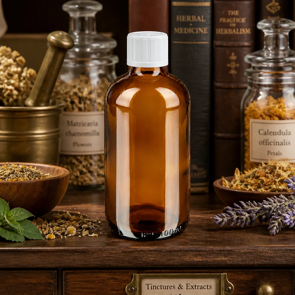Flacon à pharmacie brun 100ml bouchon compte-gouttes blanc sécurité enfant std Flacon compte-gouttes ApoGlas vide de 100 ml, entre des herbes séchées de calendula et de camomille