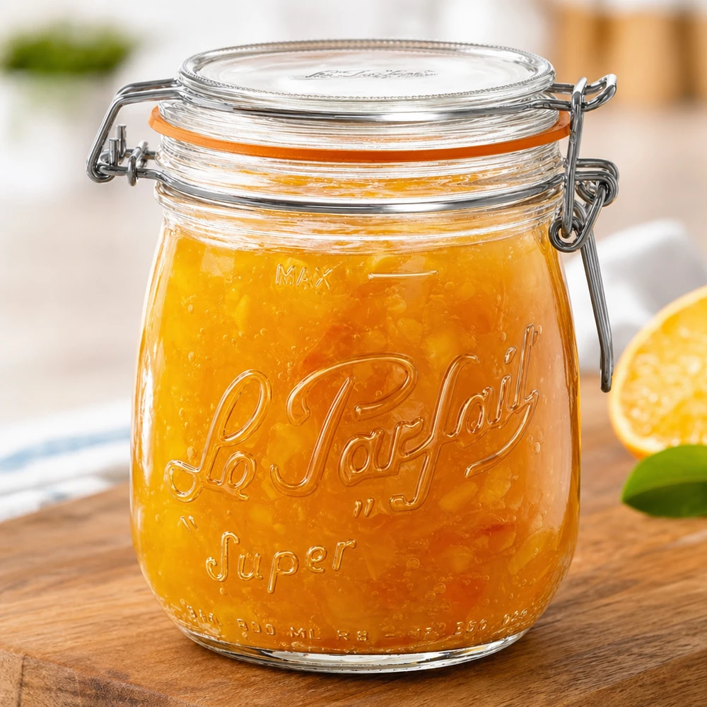 Bocal Le Parfait® 750 ml Ø85 mm conserve 750ml Le Parfait Super Pot à provisions avec fermeture à étrier rempli de confiture orange sur planche en bois