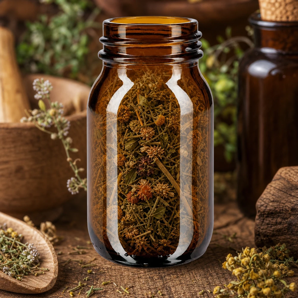 Bouteille en verre brun à col large 100ml pour les herbes et les infusions avec matériau de protection contre la lumière