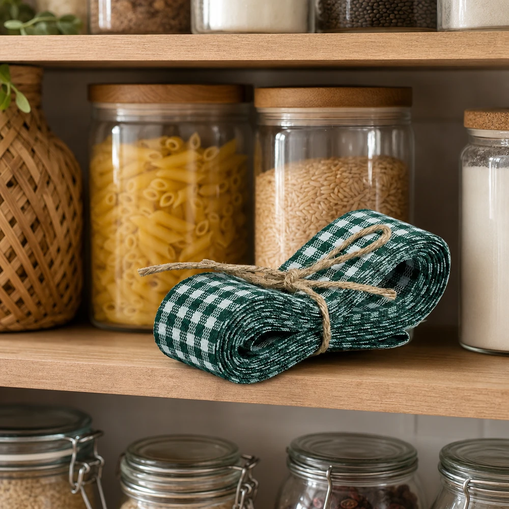 Ruban en tissu vert et blanc pour la décoration, 300 cm Ruban de tissu vert et blanc 300cm sur une étagère de cuisine entre des bocaux de stockage avec des pâtes et du riz comme décoration de cuisine