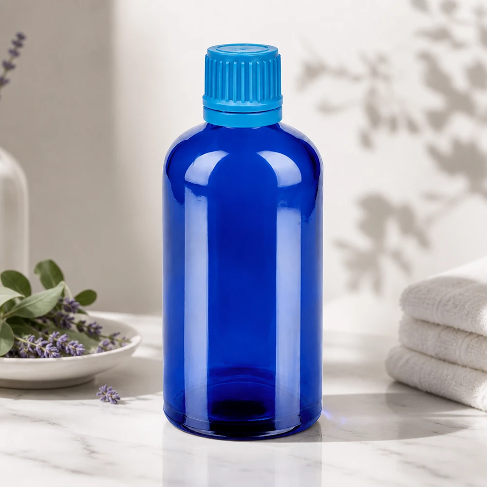 Flacon 100ml 11mm SV bleu OV BlueLine UT18/100 Flacon pharmaceutique de 100 ml en verre bleu de haute qualité avec fermeture inviolable pour les enfants