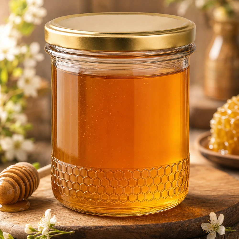 Pot de miel de 400ml avec couvercle BasicSeal UNiTWIST doré rempli de miel sur table en bois avec design nid d'abeille