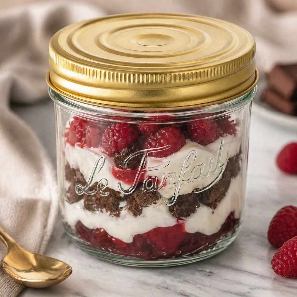 Le Parfait® Familia Wiss 350 g Ø100 mm bocal Verre renversé 415ml Familia Wiss avec couvercle doré rempli d'un dessert stratifié de framboises et de crème sur marbre