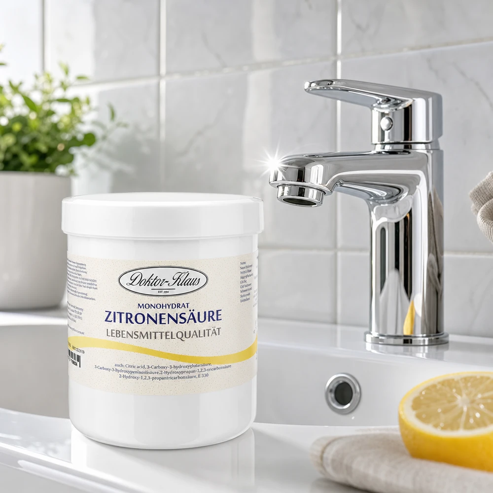 500g d'acide citrique Doktor-Klaus 500g d'acide citrique Docteur Claus dans la salle de bain moderne à côté du robinet brillant pour le détartrage