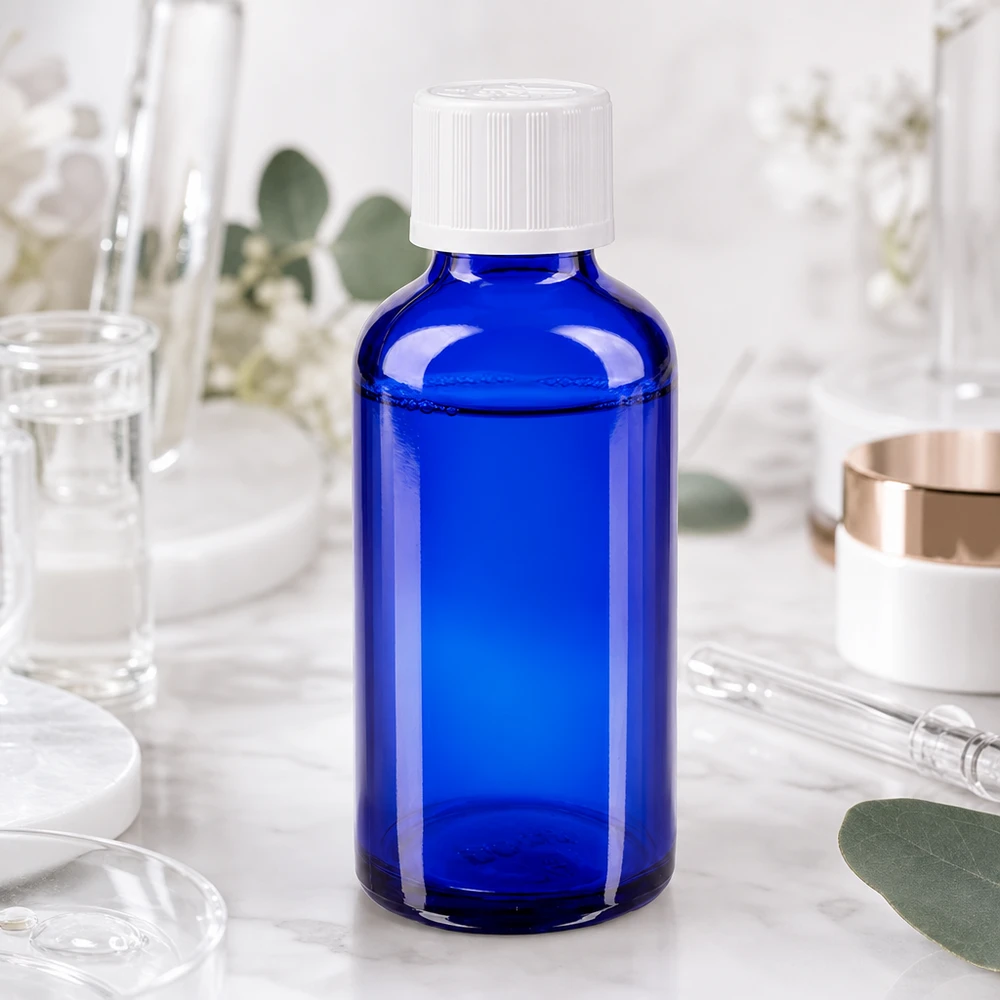 Flacon à pharmacie bleu 50ml bouchon vissable blanc séc. enf. std Flacon cylindrique en verre bleu de 50 ml avec bouchon standard blanc de 11 mm, posé sur une surface en marbre