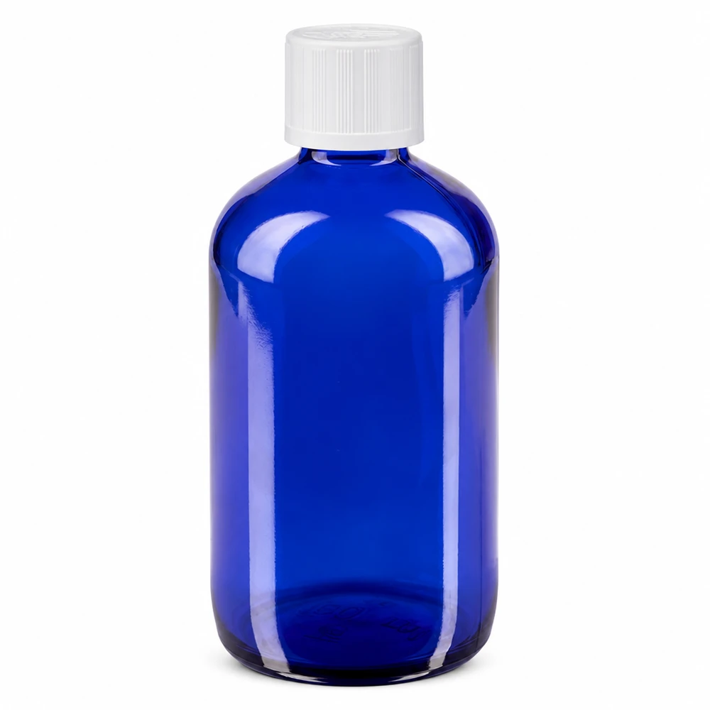Flacon de pharmacie bleu 100ml bouchon compte-gouttes blanc sécurité enfant std Flacon compte-gouttes bleu de 100 ml en verre d'apothicaire avec bouchon KiSi blanc, destiné à des applications pharmaceutiques