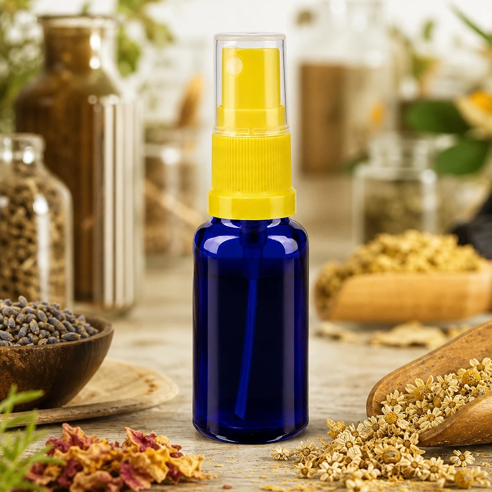 Flacon de pharmacie bleu 20ml embout spray jaune Flacon en verre bleu compact de 20 ml muni d'un vaporisateur à pompe jaune, dans un décor naturel à base de plantes