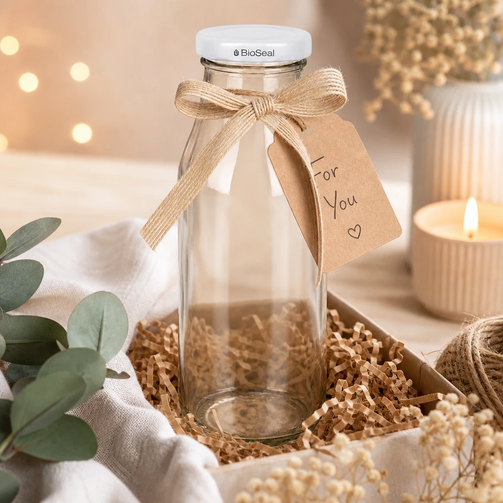 263ml Bouteille avec couvercle BioSeal blanc UNiTWIST UNiTWIST Bottle263 Glasflasche mit weißem TO43 BioSeal Deckel als Geschenk dekoriert mit Schleife und Anhänger