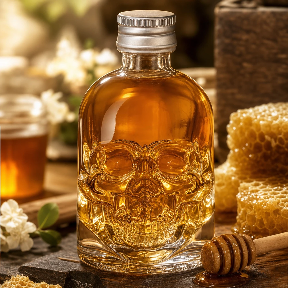 Bouteille en verre 50 ml « Hector » et bouchon à vis argenté UNiTWIST® Bouteille en verre Hector 50ml tête de mort remplie de miel à côté d'un nid d'abeille et d'une cuillère à miel dans une cuisine rustique
