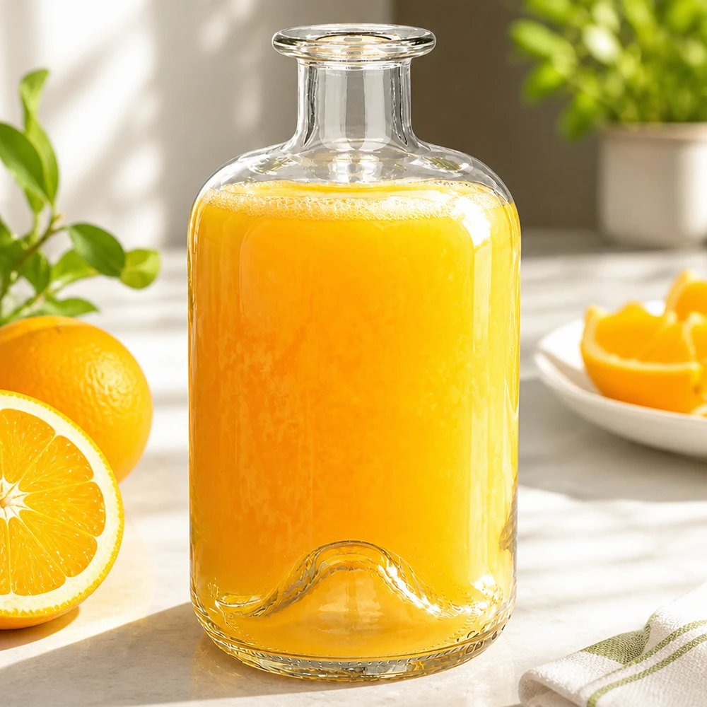 Flacon à pharmacie « 500ml Glasflasche "Luna" ohne Verschluss UNiTWIST » 500 ml sans bouchon UNiTWIST® Bouteille en verre Luna de 500 ml remplie de jus d'orange frais à côté de tranches d'orange comme carafe à jus dans le setting de la cuisine