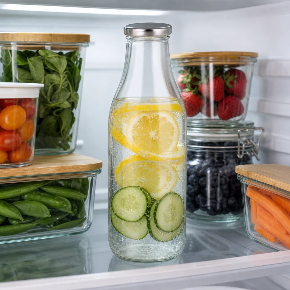 1000ml Bouteille avec couvercle BasicSeal argent UNiTWIST Bouteille en verre de 1000ml avec couvercle BasicSeal argenté dans le réfrigérateur avec eau de concombre citron à côté de la conservation des légumes