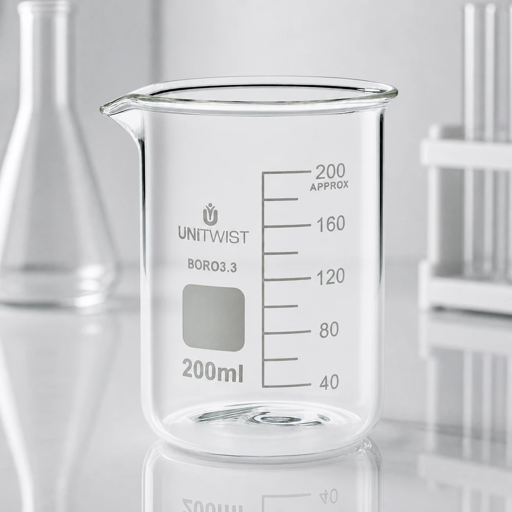 Bécher 200ml borosilicate, forme basse UNiTWIST Bécher de laboratoire UNiTWIST en verre borosilicaté de 200 ml, avec bec verseur et bord renforcé, de forme basse