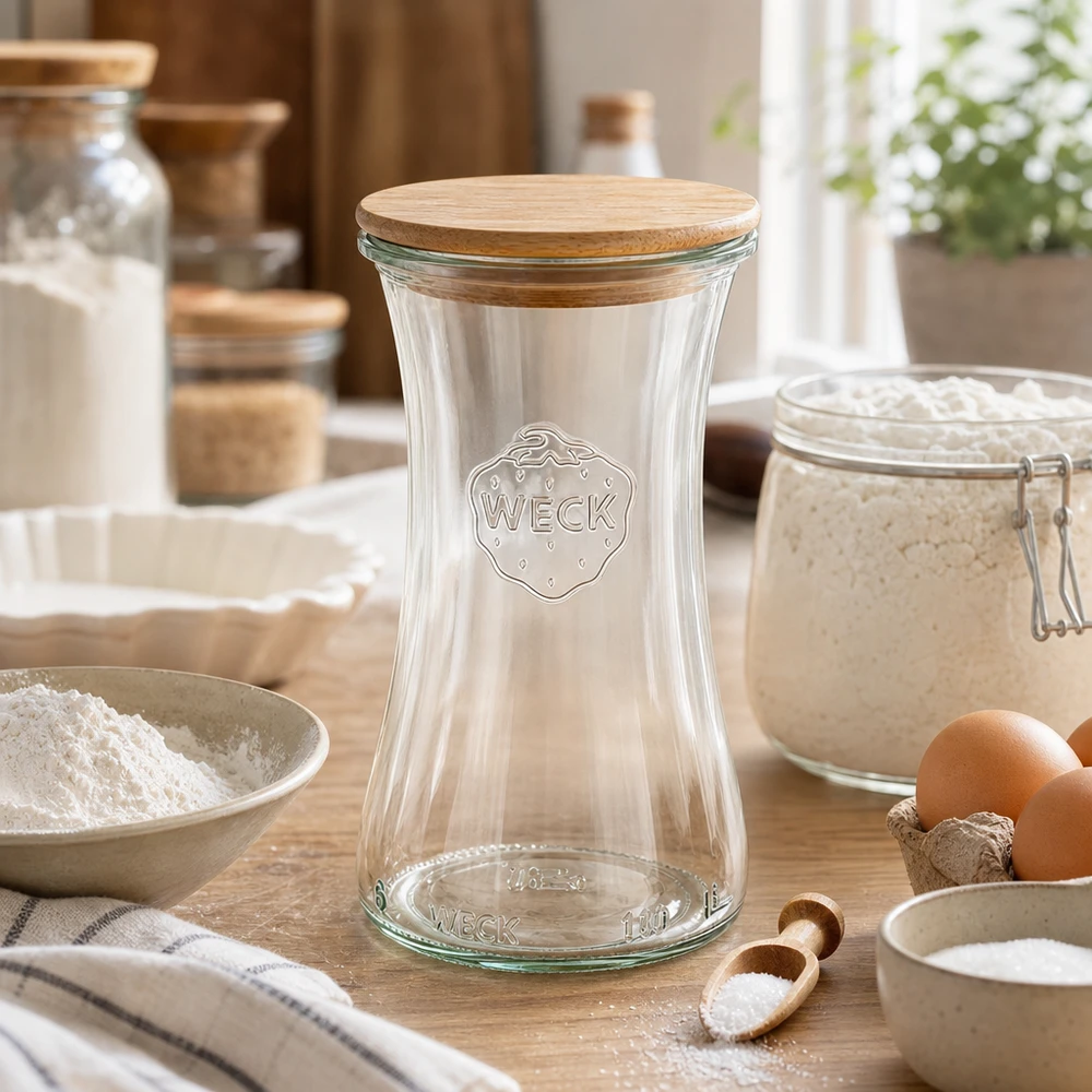 WECK Pot à délicatesse 100ml RR40 vide dans une cuisine rustique avec ingrédients de pâtisserie, couvercle en bois et ustensiles de cuisine