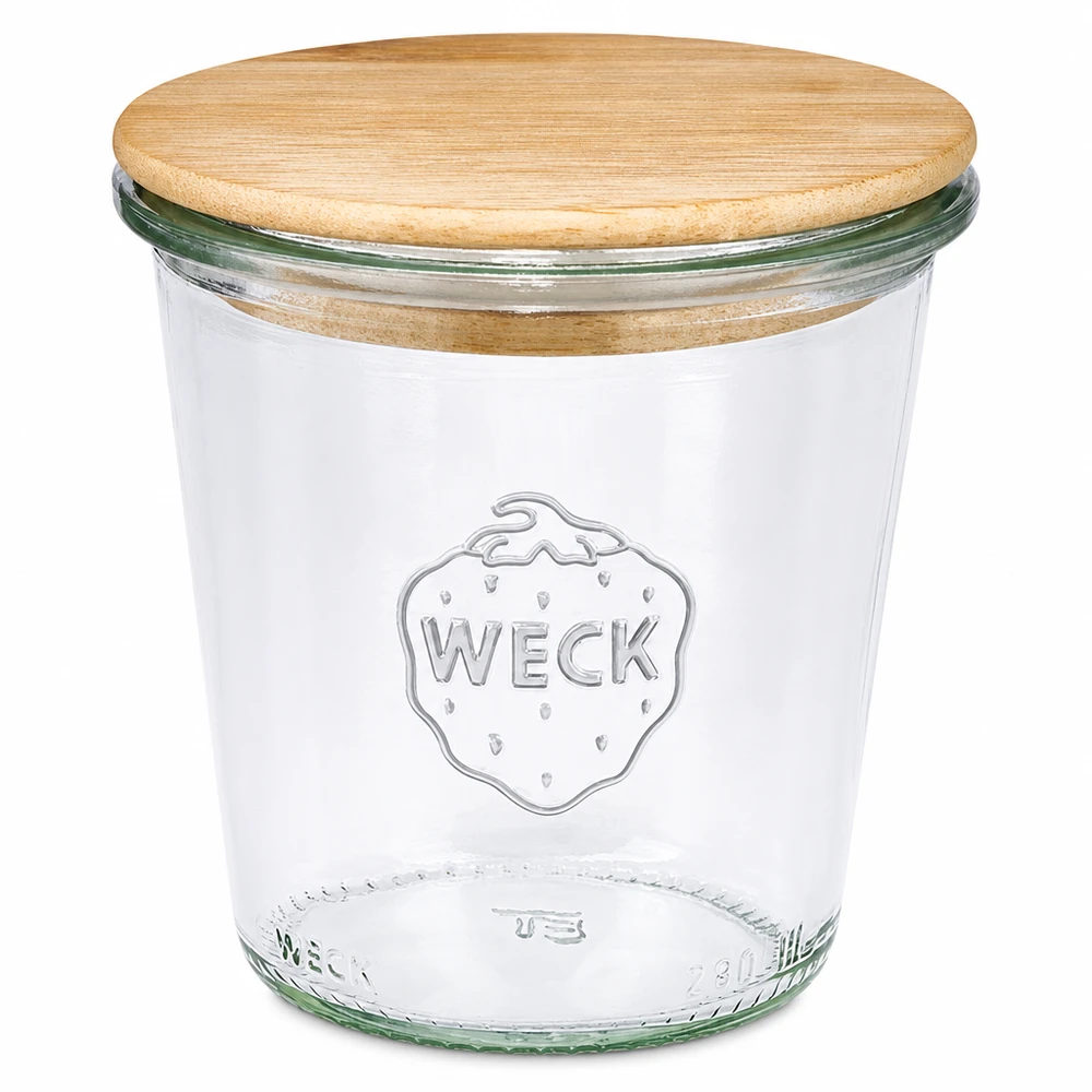 WECK Bocal 290ml haut RR80 avec couvercle en bois Bocal à provisions Récipient en verre avec fermeture à vis en bois