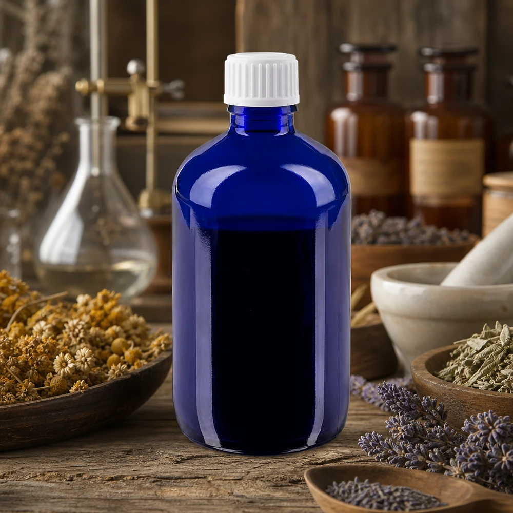 Flacon cylindrique en verre au cobalt de 100 ml, muni d'un bec verseur de 0,9 mm permettant un dosage précis des teintures