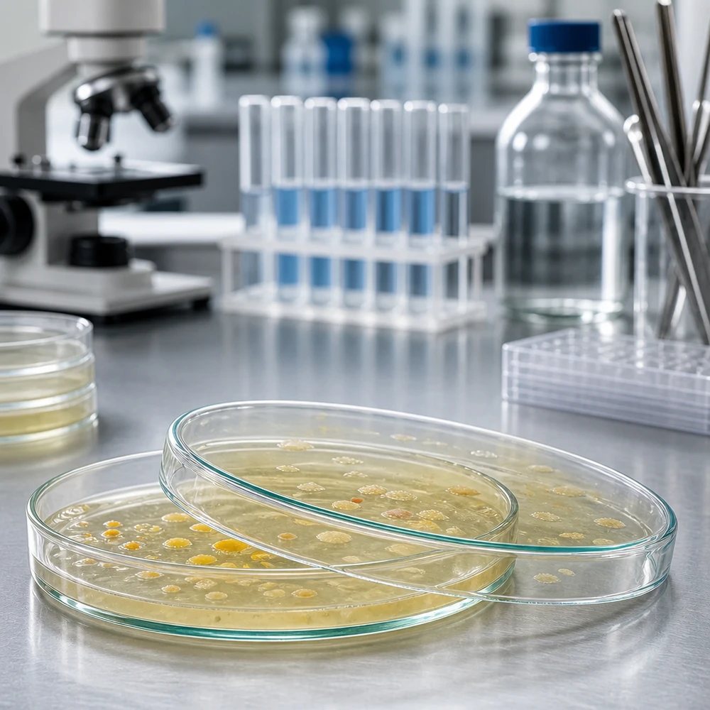 Boîtes de Pétri en verre 120 x 20 mm présentant des colonies sur un milieu Agar - Microbiologie