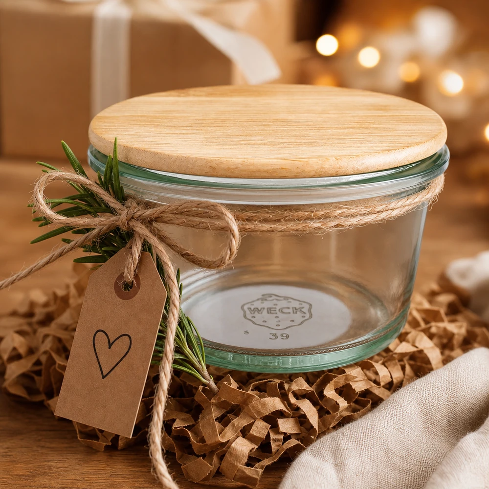 WECK Pot Gourmet 165ml RR80 comme emballage cadeau avec couvercle en bois Pendentif en corde de jute et branche de romarin décorée