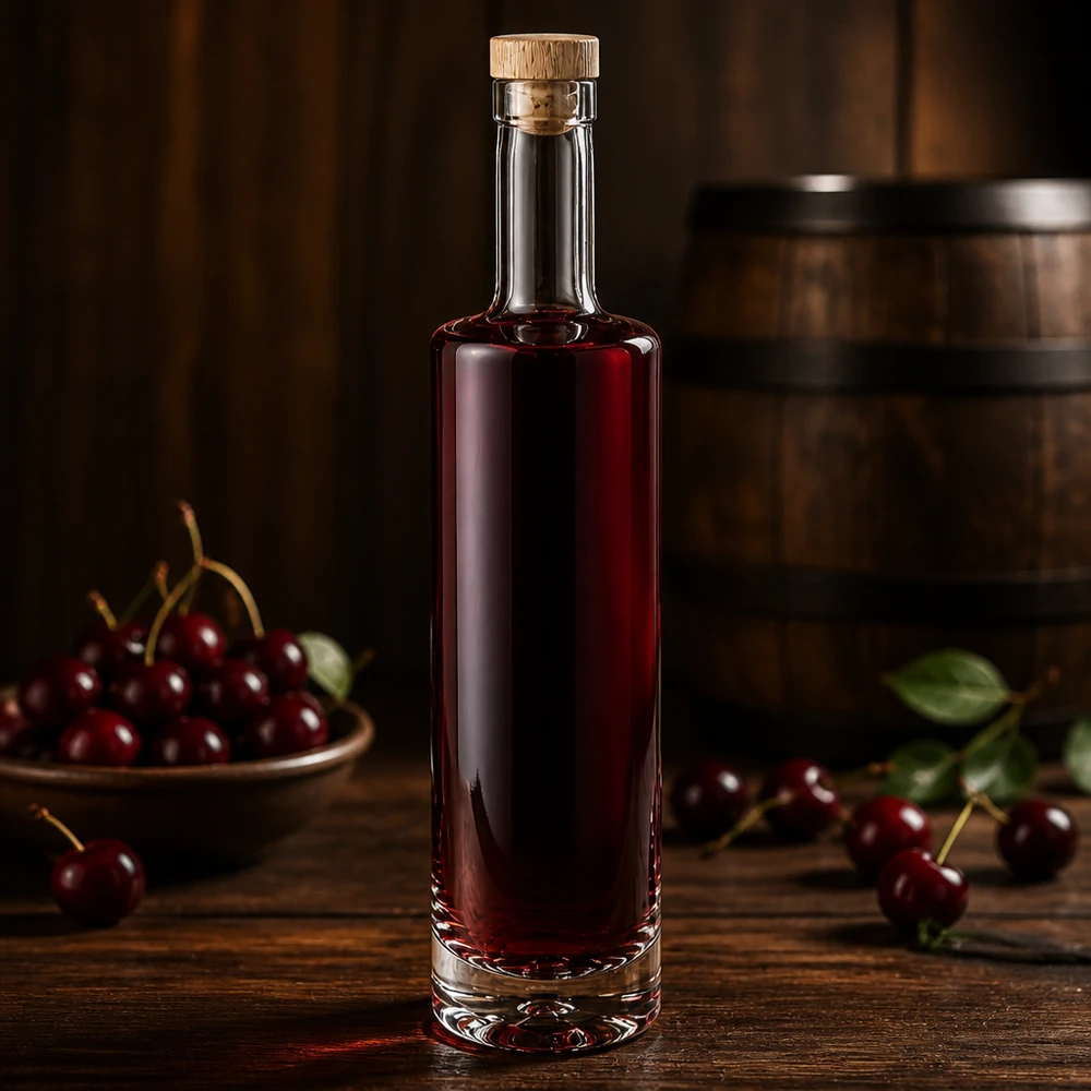 Bouteille en verre Lina de 500ml avec bouchon en bois remplie de liqueur de cerise entre des cerises fraîches décoration rustique de table en bois