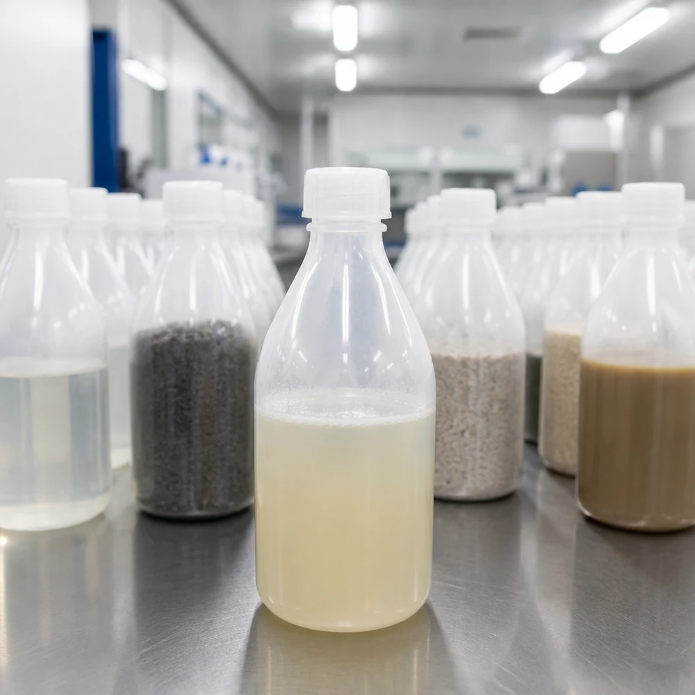 Flacon à vis à col étroit de 100 ml contenant une émulsion de couleur crème, entouré de flacons d'échantillons dans une salle blanche