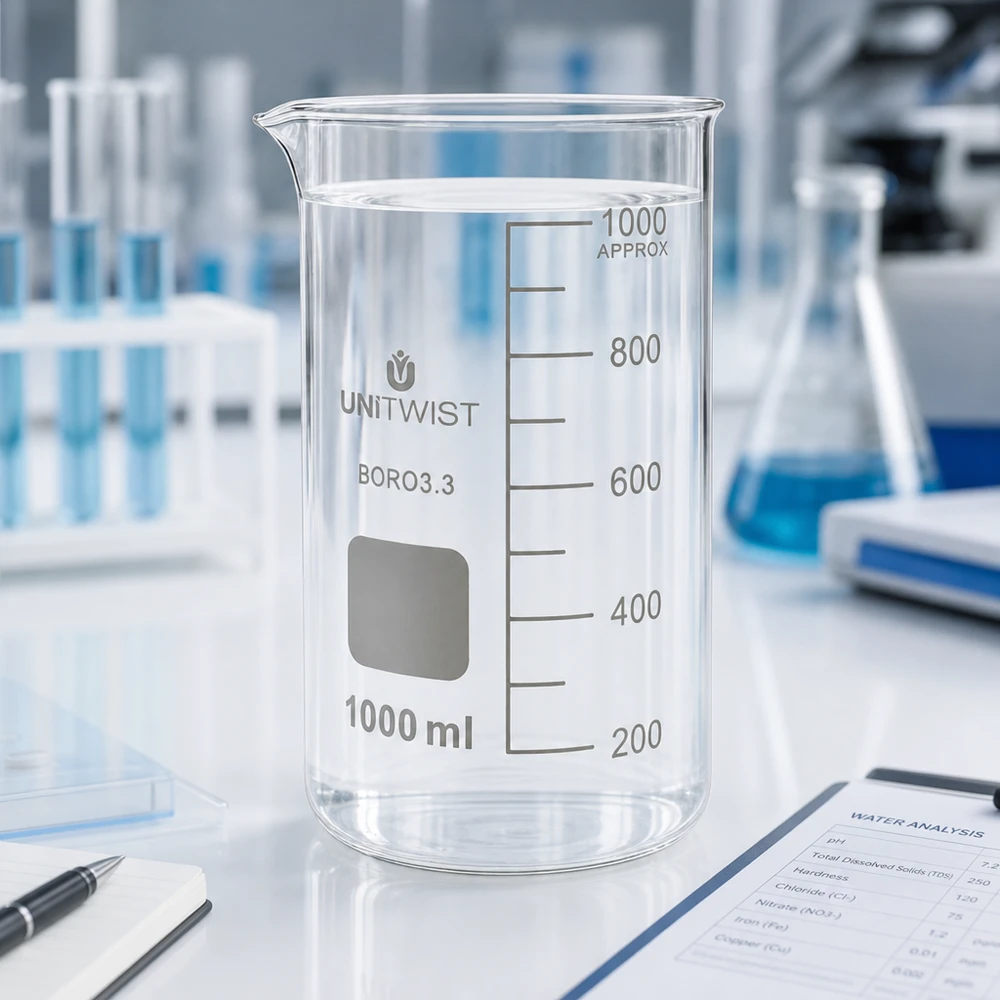 Bécher 1000ml borosilicate, forme haute UNITWIST Verre à bec UNITWIST de 1 000 ml en borosilicate, de forme haute, avec zone d'inscription et graduation jusqu'à 1 000 ml