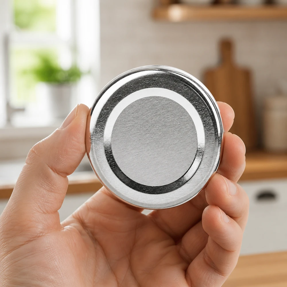 66mm BasicSeal bouchon argenté (TO66deep) UNiTWIST Couvercle BasicSeal 66 mm UNiTWIST argenté – Vue de dessus sur la bague d'étanchéité et la surface métallique