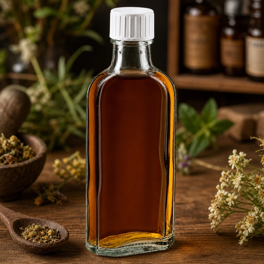 Bouteille en verre de 100 ml remplie d'un produit brun, munie d'un bec verseur et entourée d'herbes médicinales séchées