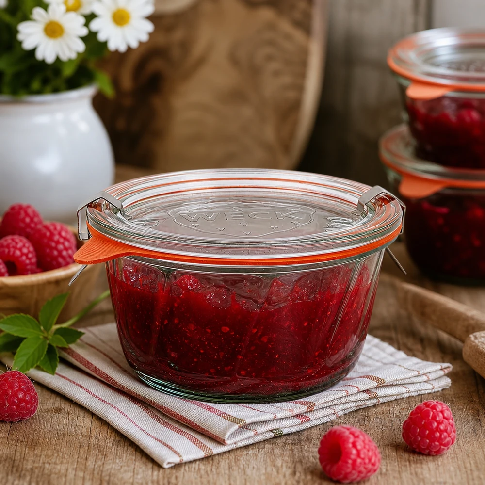 WECK Pot à kouglof 280ml RR100 rempli de confiture de framboise sur table en bois avec baies et fleurs fraîches
