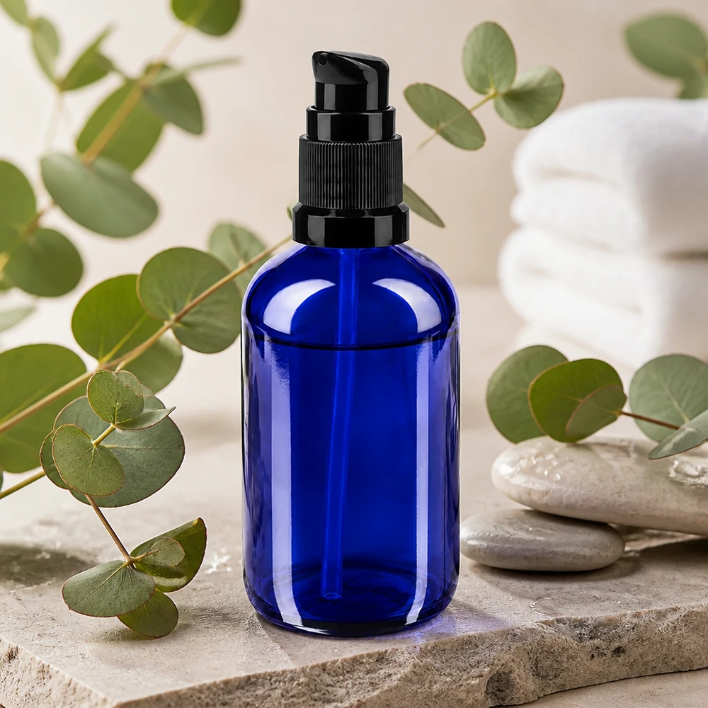 Flacon pompe cylindrique de 100 ml en verre de protection bleu, muni d'un distributeur STD noir, destiné aux produits cosmétiques