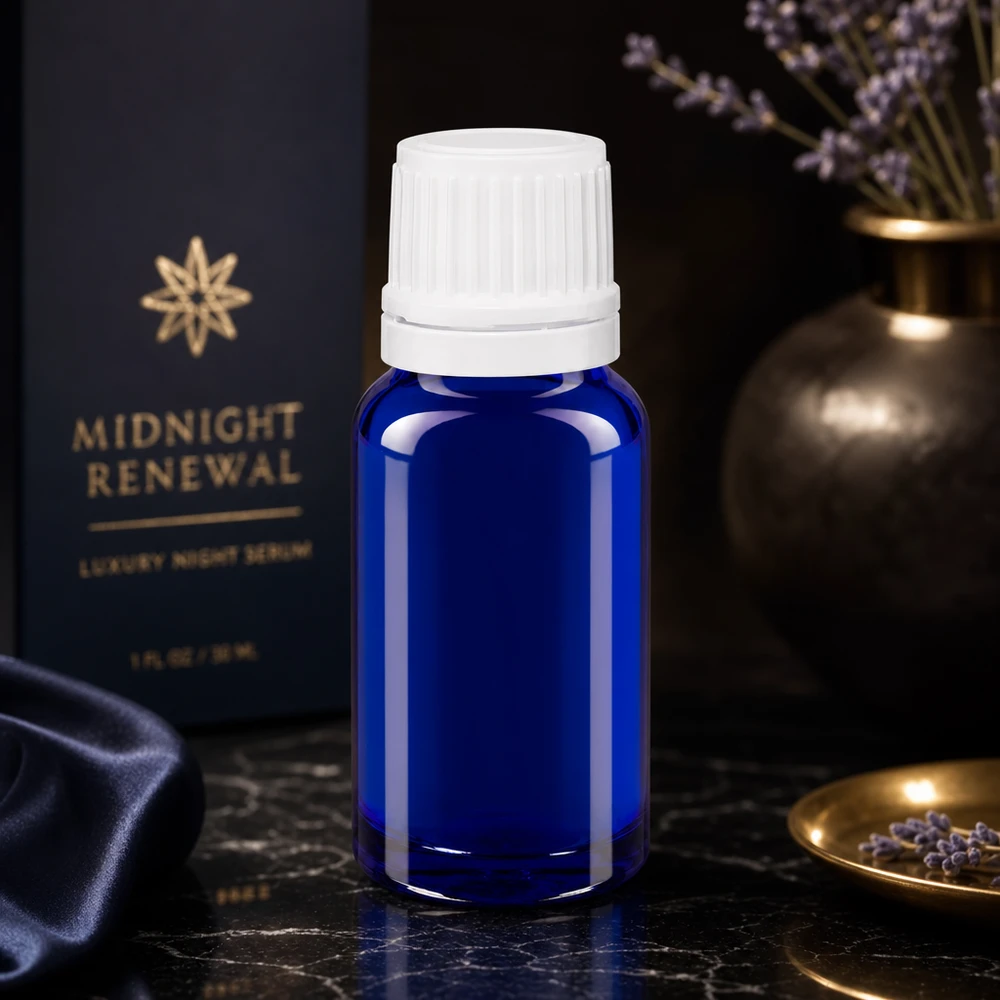 Flacon compte-gouttes bleu cobalt de 10 ml en verre anti-UV, muni d'un embout compte-gouttes de précision de 0,7 mm