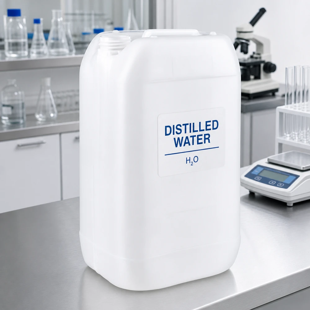 Bidon de laboratoire robuste de 15 litres, sans bouchon, posé sur une table en acier inoxydable à côté d'un microscope et d'une balance