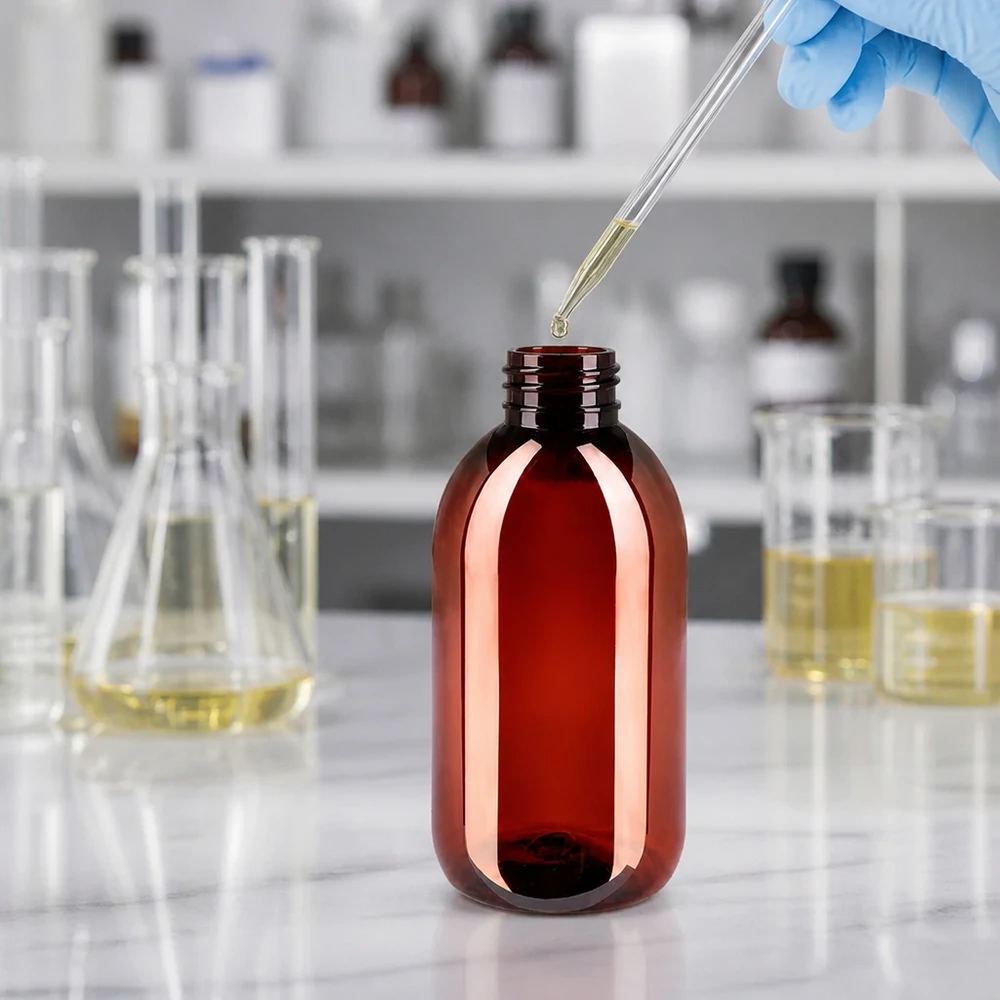 Bouteille PET 250ml avec bouchon marron,bouchon d'inviolabilité Pharmazeutische Braunglasflasche-Optik in PET 250ml mit Originalitätsverschluss und Pipettenbefüllung
