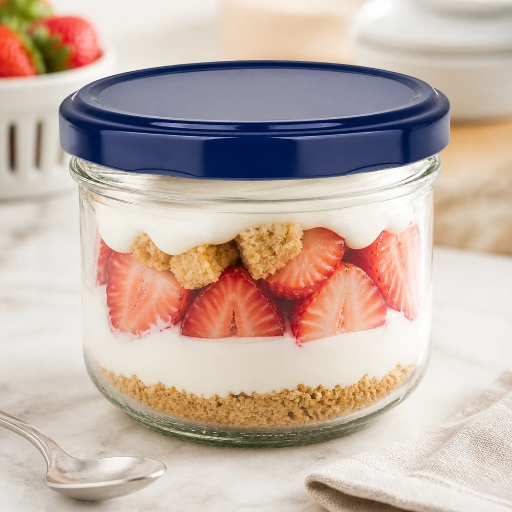 260ml Verre conique avec couvercle BasicSeal bleu UNiTWIST 260ml Verre BasicSeal bleu avec stratification des desserts à la fraise - verre twist-off pour desserts et yaourts