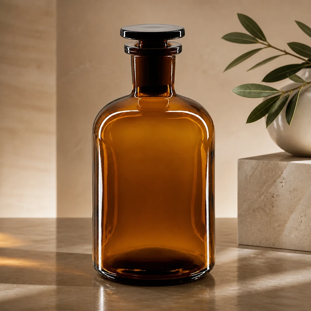 Flacon pharmaceutique 250 ml col étroit en verre ambré + bouchon Bouteille de conservation vintage en verre ambré, 250 ml, col étroit, bouchon en verre, carafe pour cosmétiques naturels