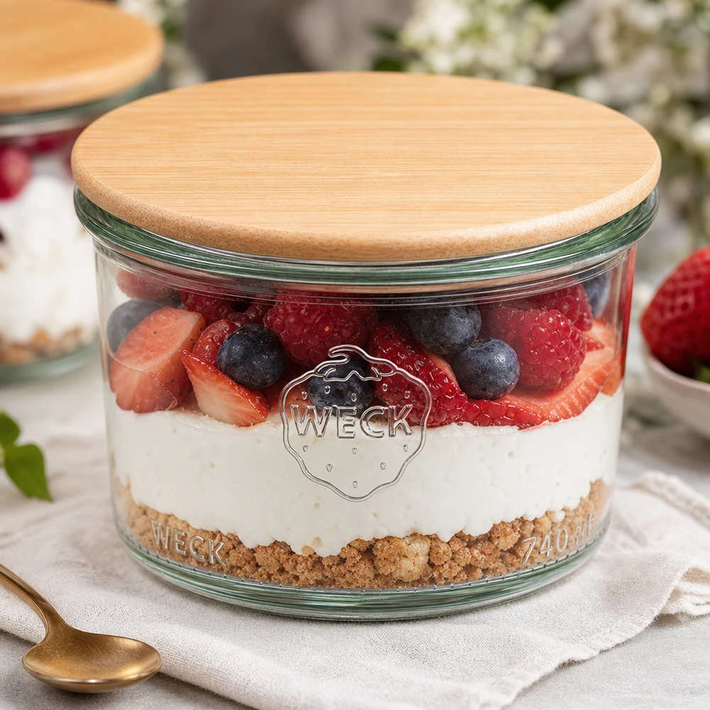 WECK Pot renversé 200ml RR80 Couvercle en bois rempli de dessert stratifié Baies Yaourt Fond de biscuit Styling de dessert