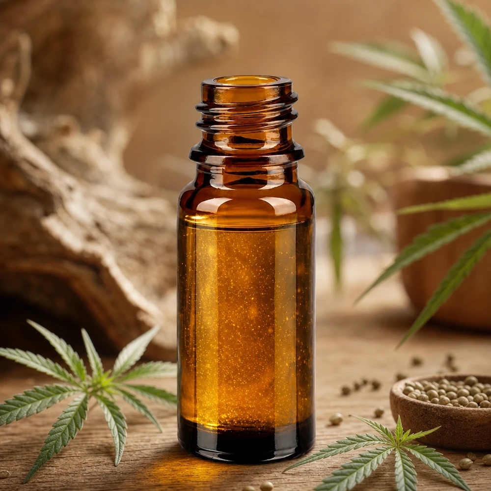Bouteille de pharmacie brune de 10 ml ApoGlas avec extrait de cannabis et graines de chanvre sur fond de bois rustique