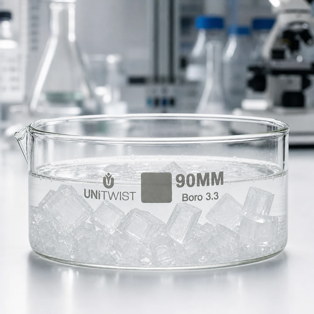 Cristallisoir ø90mm verre borosilicaté UNiTWIST UNiTWIST Cuve de cristallisation ø 90 mm Boro 3.3, verre de laboratoire résistant à la chaleur avec bec verseur