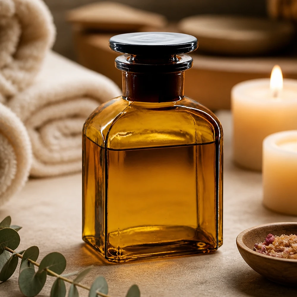 Flacon carré col large 150 ml + bouchon RIN, verre ambré Flacon de pharmacie de 150 ml, de forme carrée, de couleur ambrée, muni d'un bouchon en verre à large col, destiné aux produits pour le bain et aux huiles à base de plantes