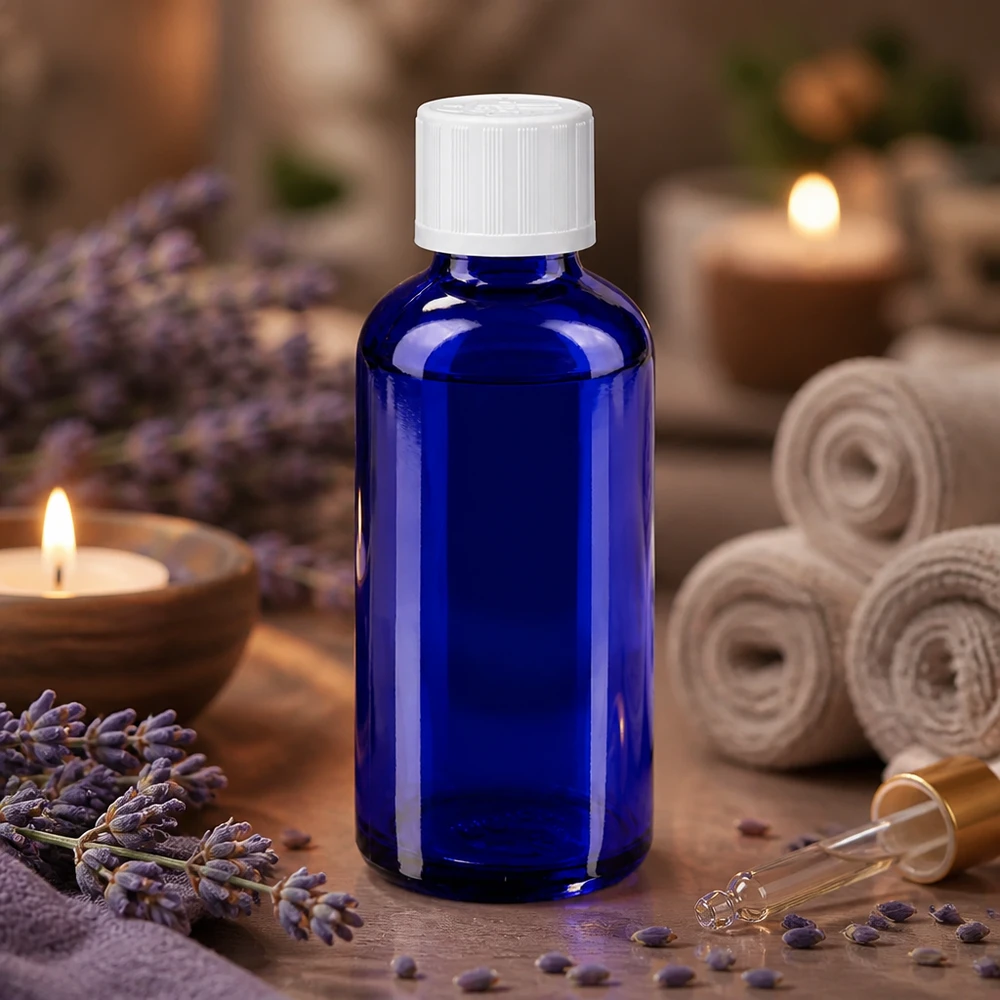 Flacon de pharmacie bleu cobalt de 50 ml avec bouchon à vis à l'épreuve des enfants, dans une ambiance spa