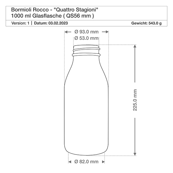Bouteille en verre 1000ml « Quattro Stagioni » avec couvercle Dessin technique de la bouteille en verre Quattro Stagioni 1000ml avec dimensions, diamètre 82mm, hauteur 225mm, poids 543g