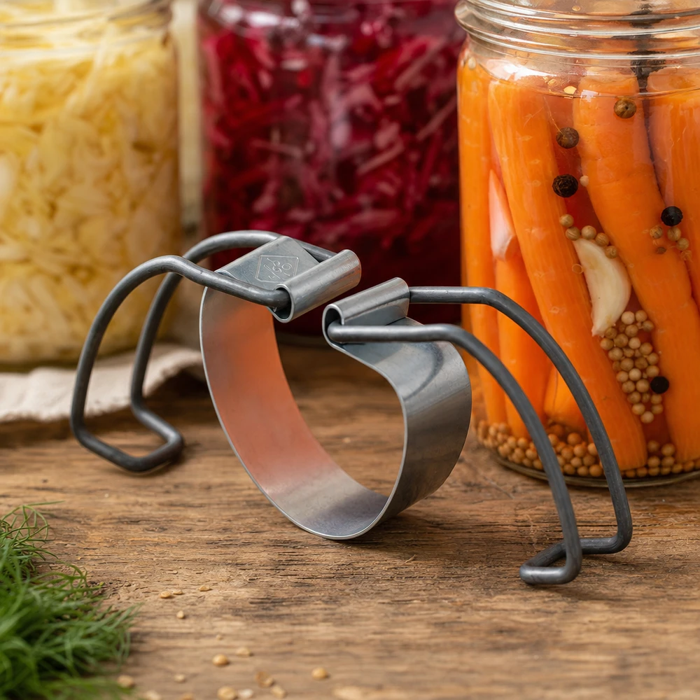 Etrier de mise en conserve RR100 Vue détaillée avec des bocaux remplis de carottes marinées et d'aliments fermentés