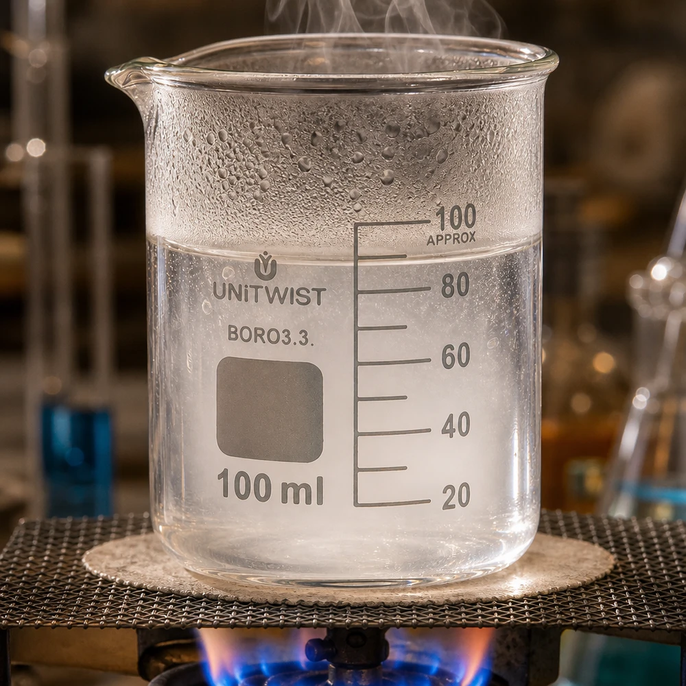 Bécher 100ml borosilicate, forme basse UNiTWIST Bécher en verre borosilicaté de 100 ml, de forme basse, contenant un liquide en ébullition et des gouttes de condensation
