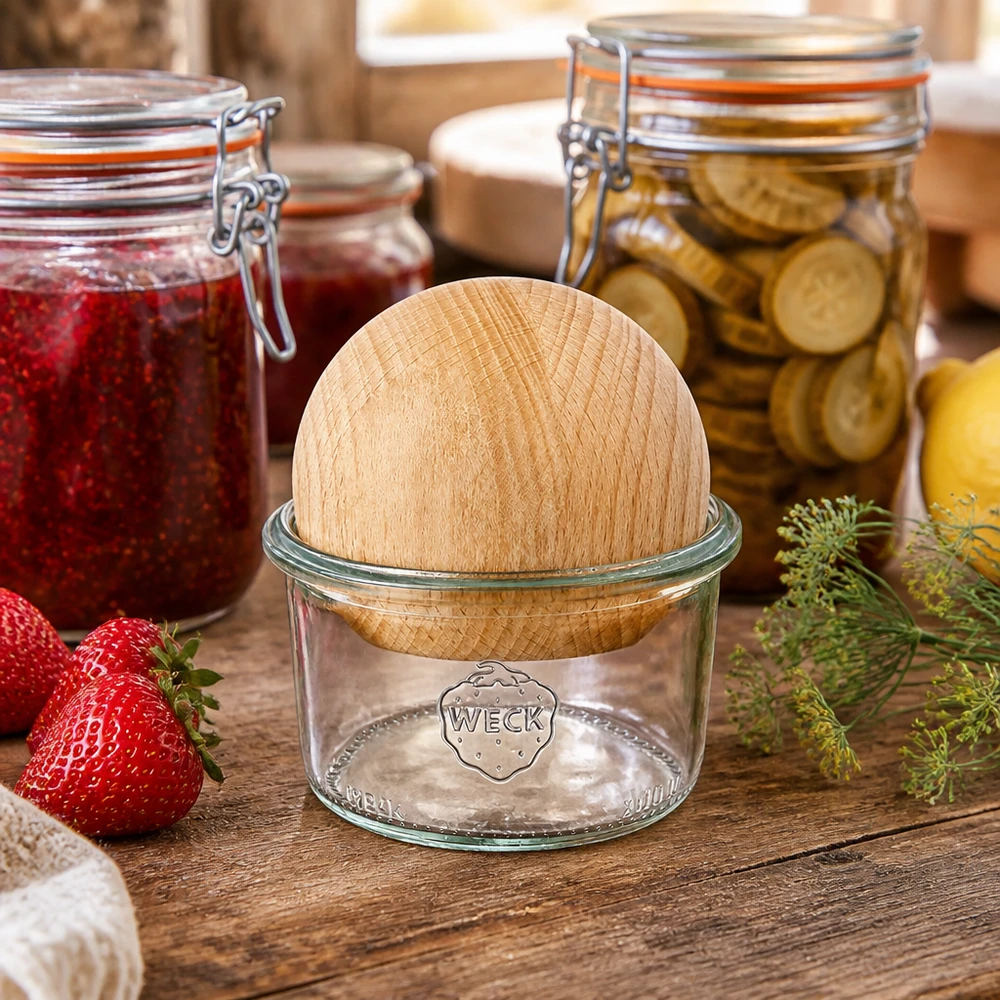 200ml bocal conique WECK RR80 avec boule en bois en hêtre Pot renversé WECK 200ml RR80 dans un environnement de cuisine naturel avec des bocaux et des aliments frais